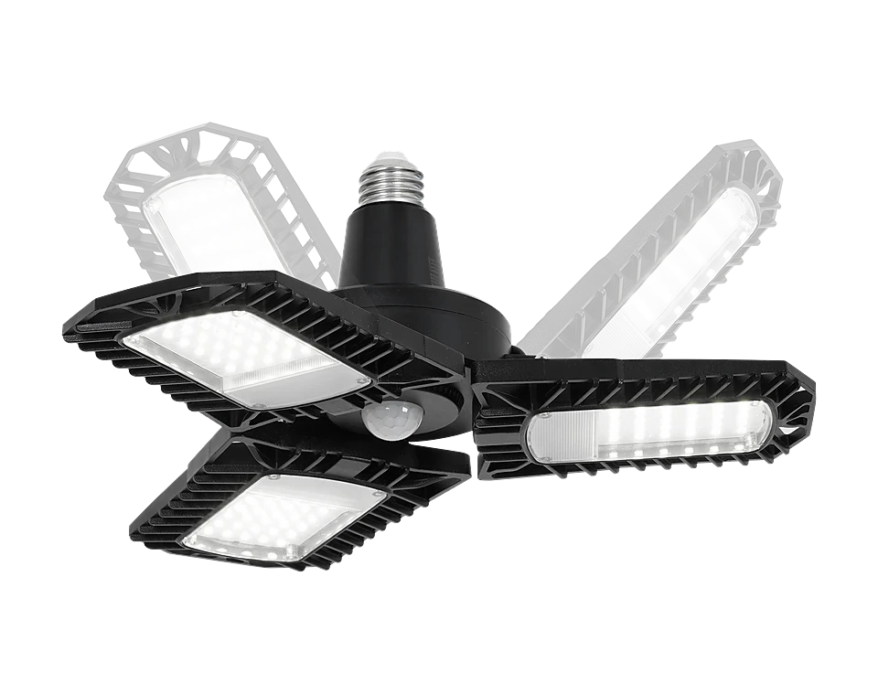 Zone 3-panel garage light — Three-panel adjustable LED garage light with E26 base