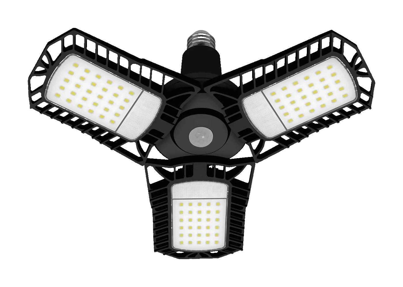 Zone Motion-activated 3-panel garage light — Three-panel LED garage light with motion sensor and E26 base