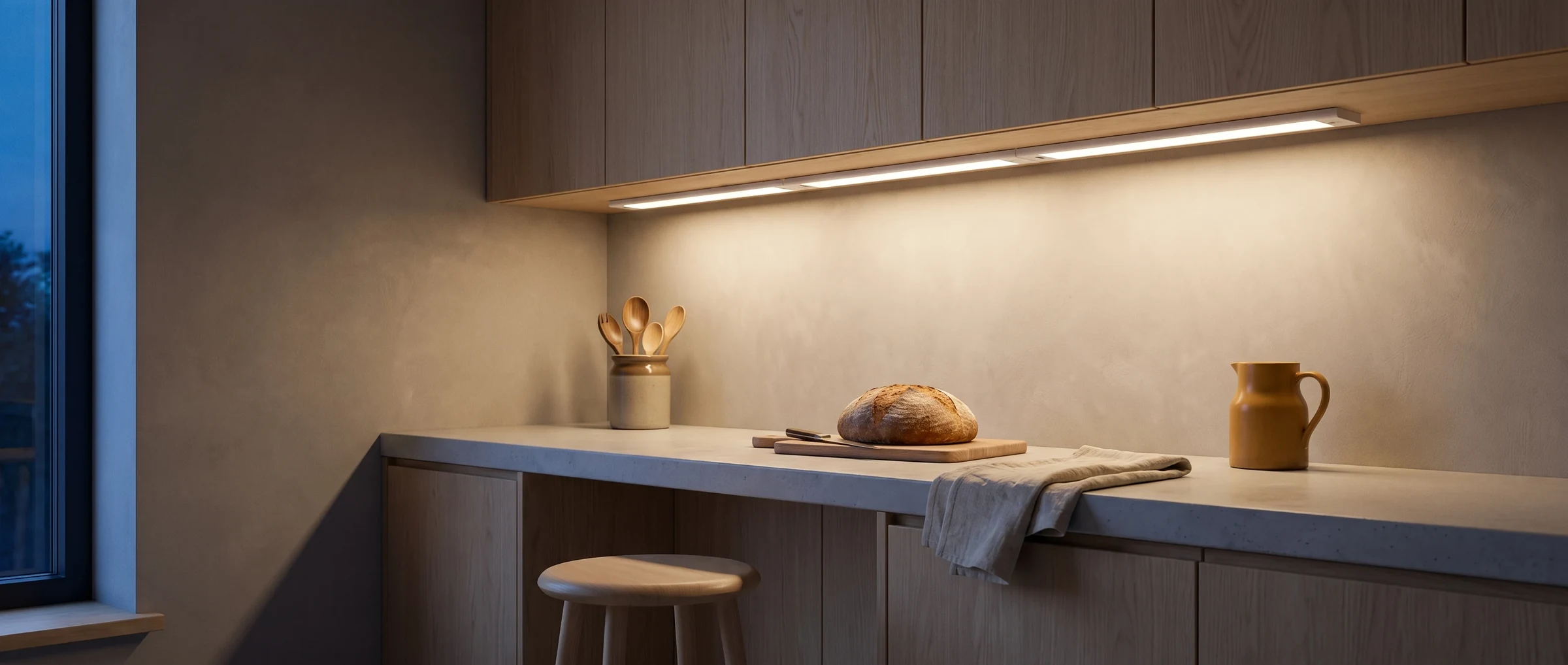 Linkable under-cabinet kit switched on in a everyday at dusk (illustration)