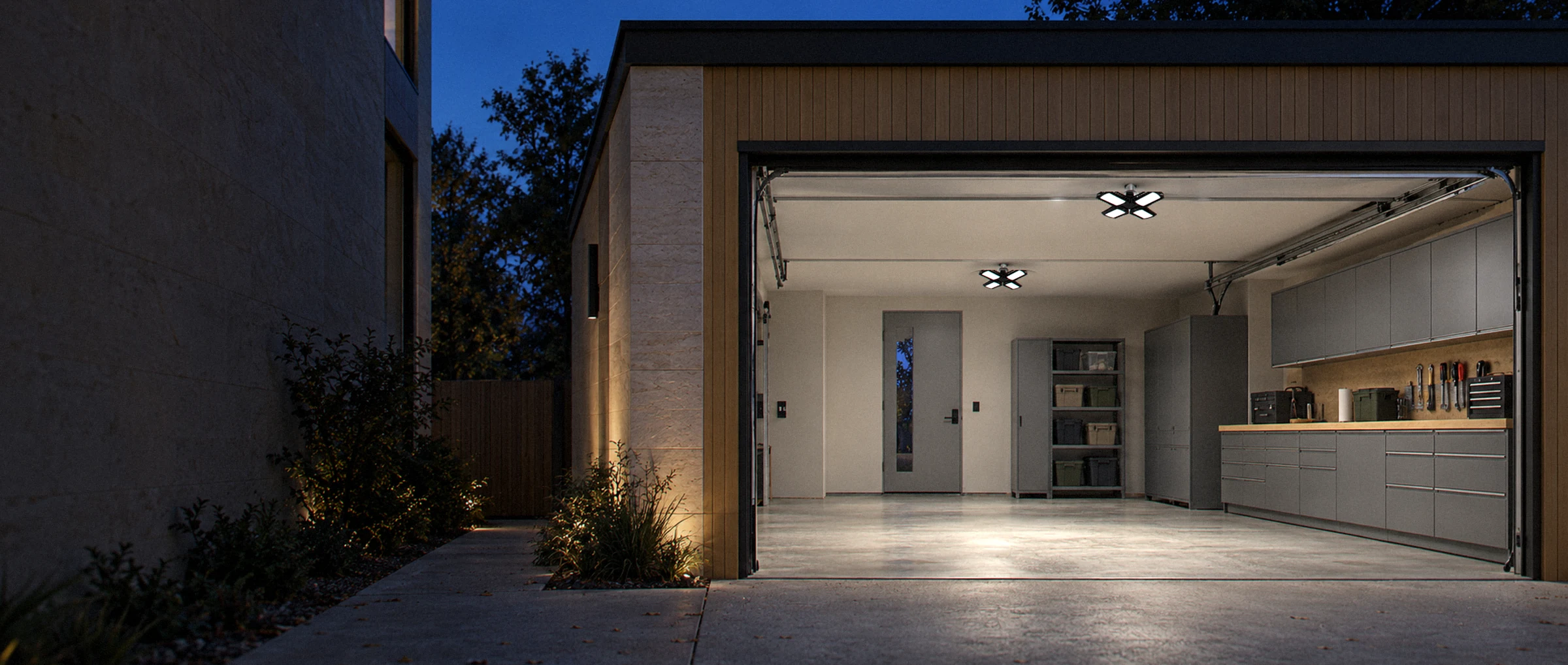 3-panel garage light switched on in a garage at dusk (illustration)