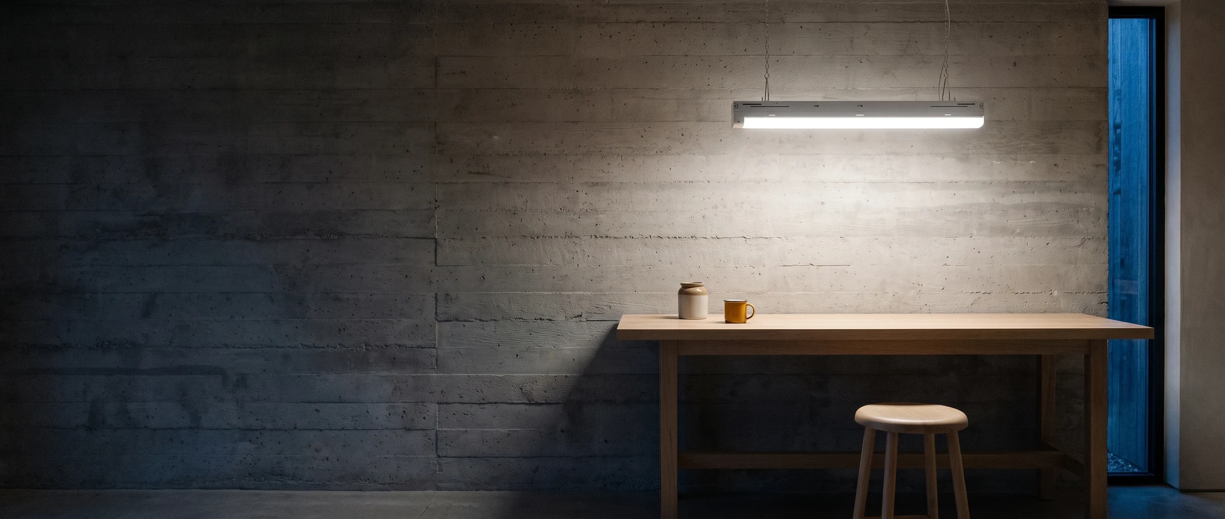 4 ft integrated shop light switched on in a garage at dusk (illustration)