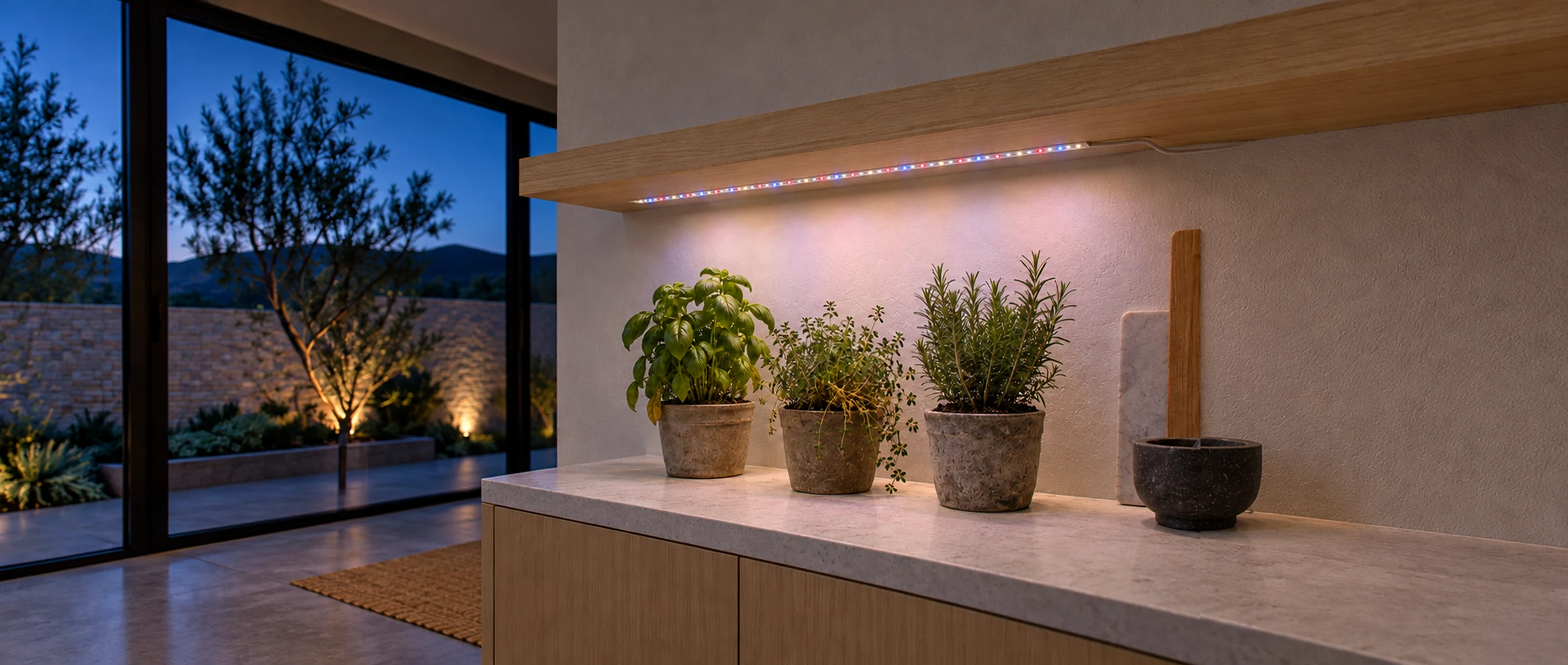 11.8 ft grow light strip switched on in a grow at dusk (illustration)