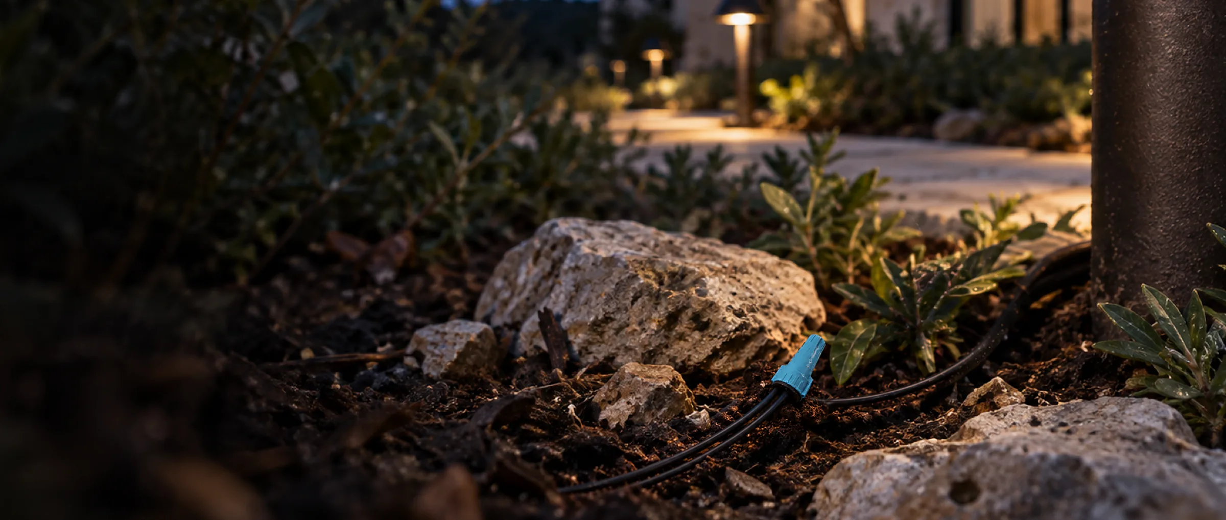 A Zone waterproof wire connector splicing a landscape light cable in a planting bed at dusk