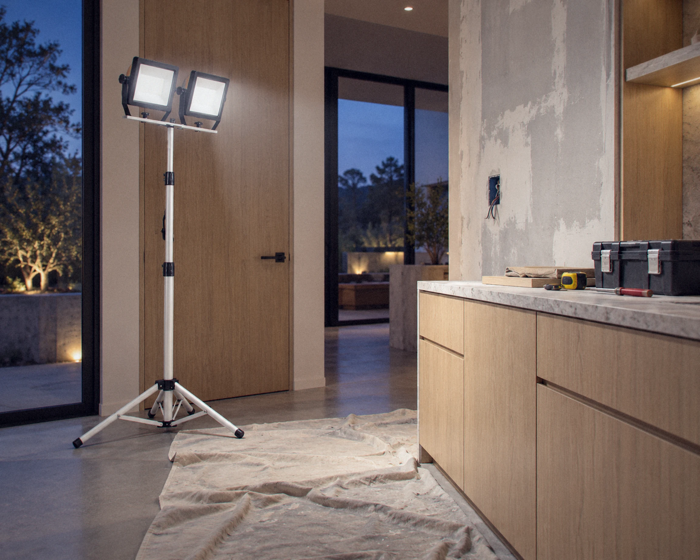 Zone Dual-head tripod work light, shown in a typical installation (illustration)