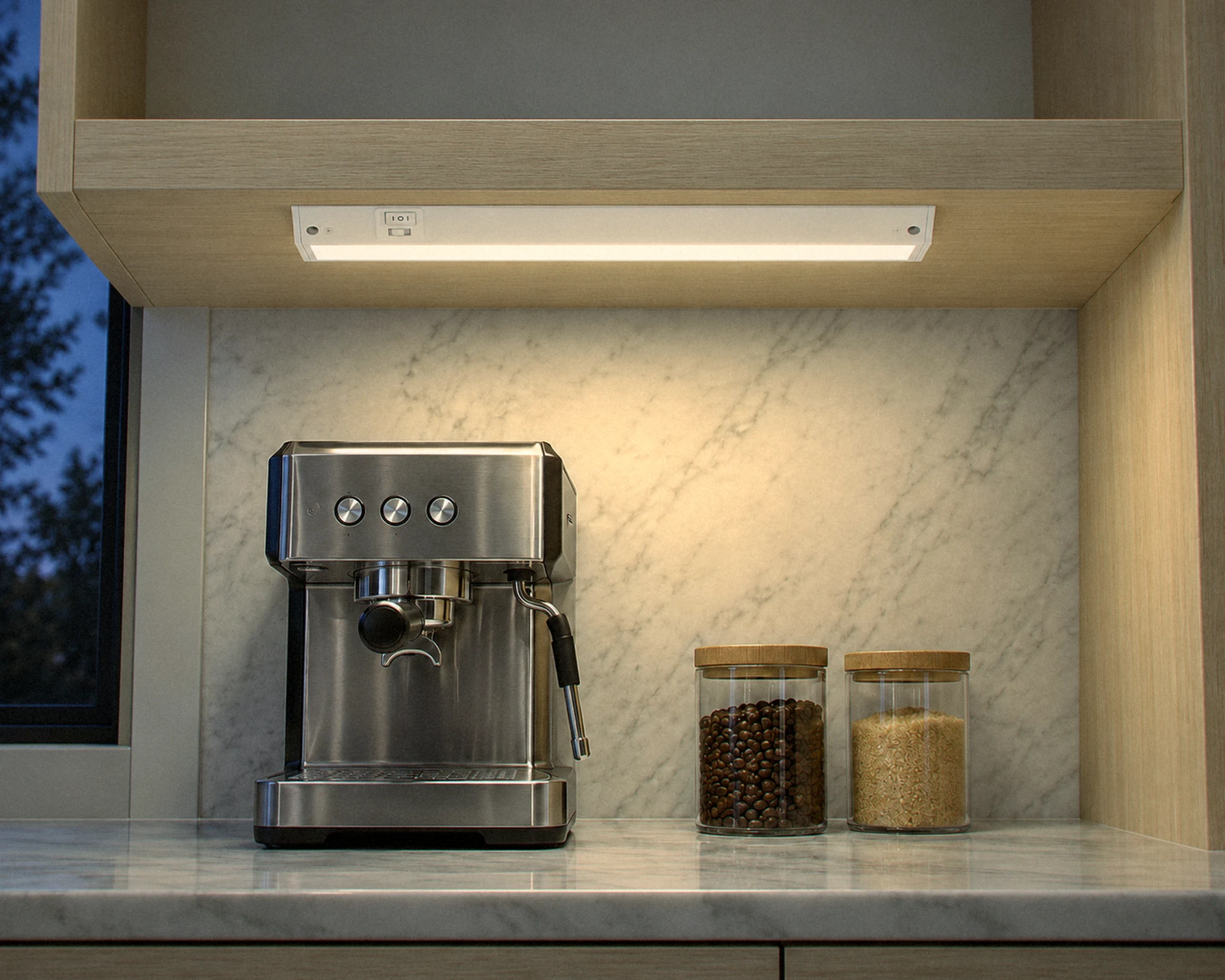 Zone 12 in. hand-wave under-cabinet light, shown in a typical installation (illustration)